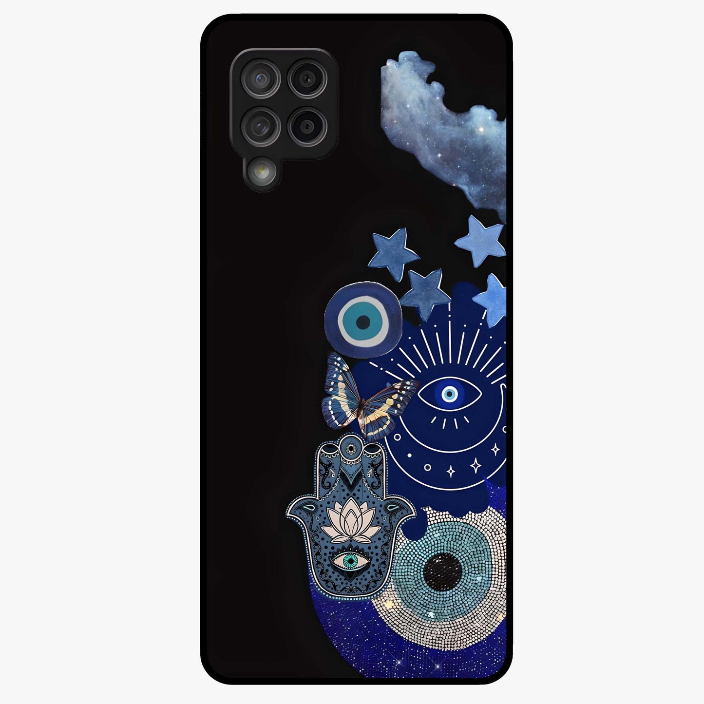 Galactic Charm Cluster Glass Case showing flat back view with glowing celestial charm artwork and glossy glass finish.