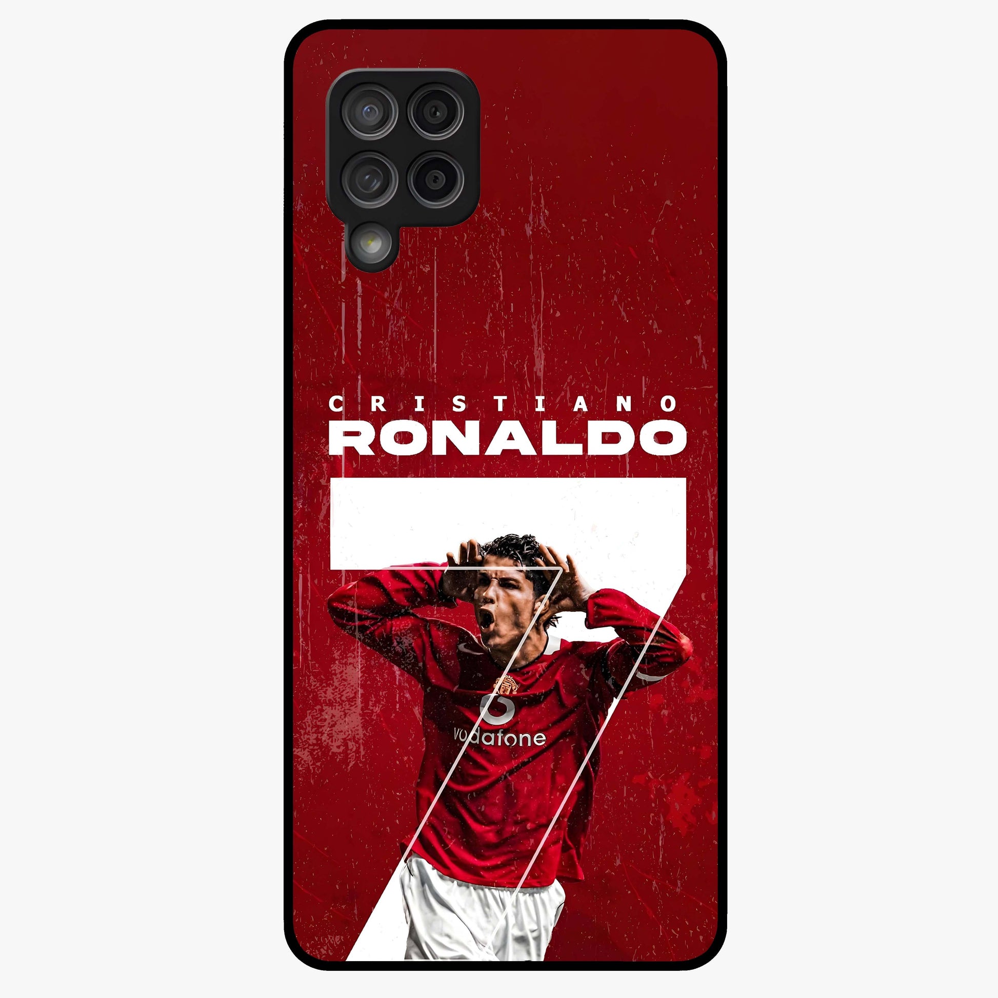 Goal Celebration Legacy Glass Case showing flat back view with football celebration inspired artwork and glossy glass finish.