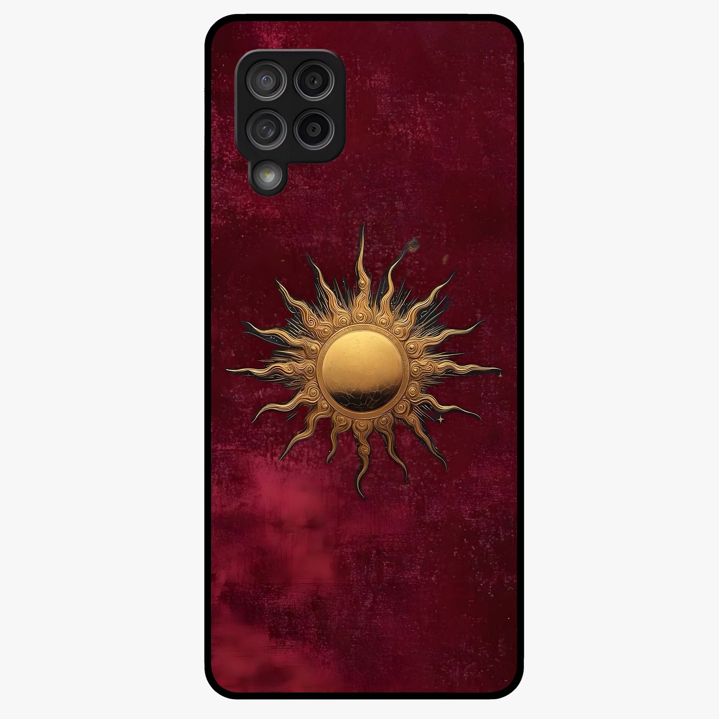 Gold Sun Blush Glass Case showing flat back view with golden sun inspired artwork and glossy glass finish.
