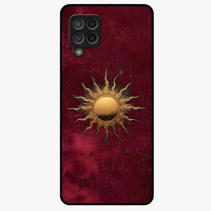 Gold Sun Blush Glass Case showing flat back view with golden sun inspired artwork and glossy glass finish.