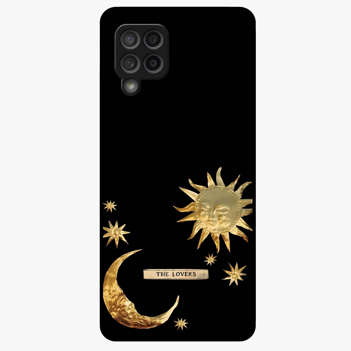 Golden Celestial Charm Glass Case showing flat back view with golden celestial charm artwork and glossy glass finish.