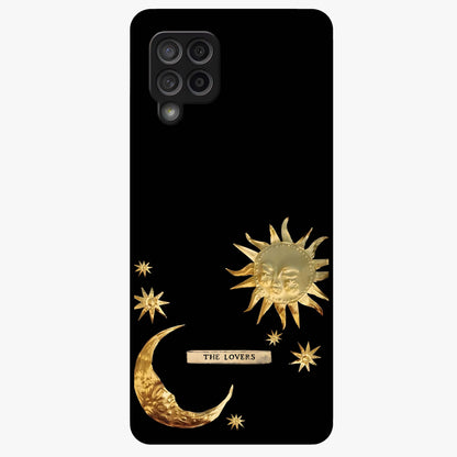 Golden Celestial Charm Glass Case showing flat back view with golden celestial charm artwork and glossy glass finish.