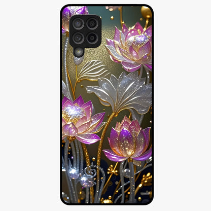 Golden Lotus Glow Glass Case showing flat back view with glowing lotus flower artwork and glossy glass finish.