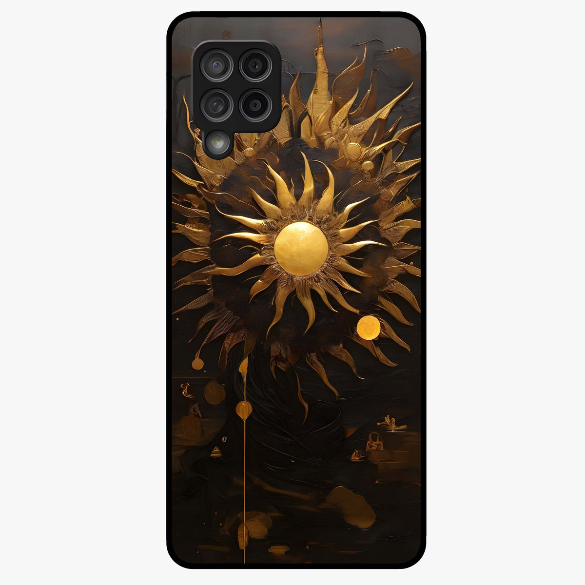 Golden Sun Majesty Glass Case showing flat back view with radiant golden sun artwork and glossy glass finish.