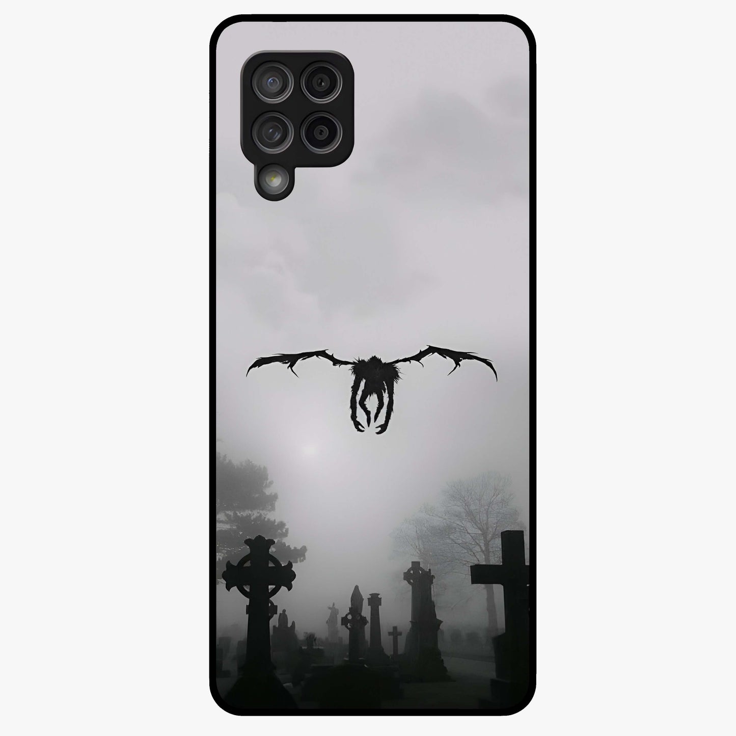 Graveyard Shadow Descent Glass Case showing flat back view with dark graveyard themed artwork and glossy glass finish.