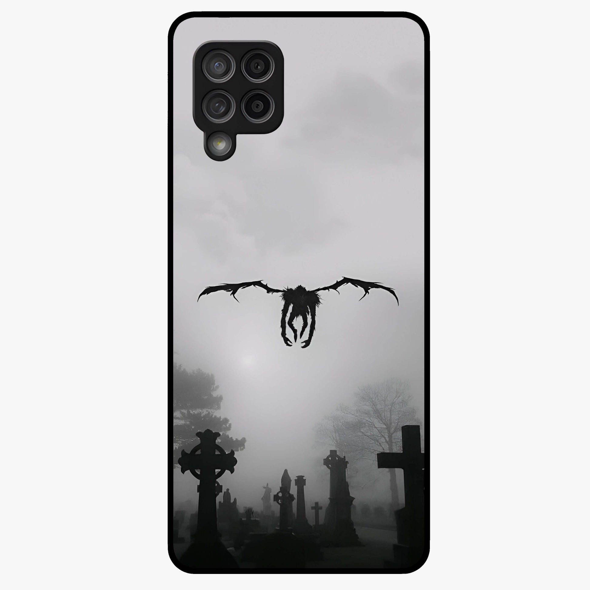 Graveyard Shadow Descent Glass Case showing flat back view with dark graveyard themed artwork and glossy glass finish.