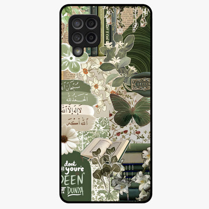 Green Islamic Books Quotes Glass Case showing flat back view with Islamic quotes and book themed artwork and glossy glass finish.
