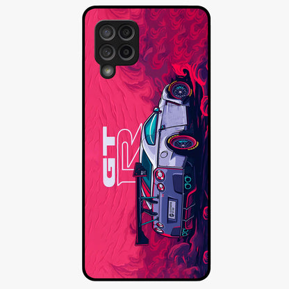 GT-R Car Pattern Glass Case showing flat back view with sporty car inspired pattern artwork and glossy glass finish.