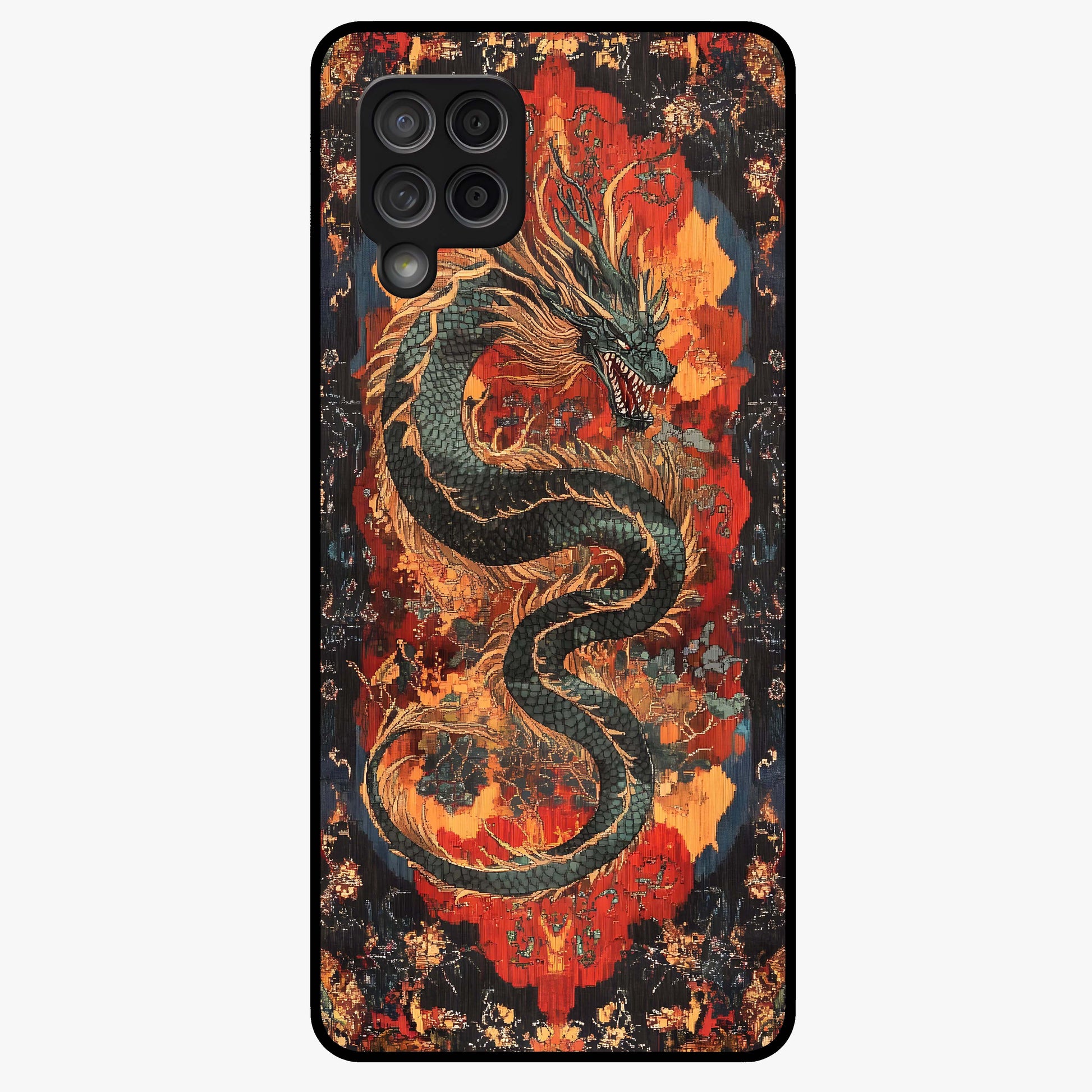 Inferno Dragon Soul Glass Case showing flat back view with fiery dragon artwork and glossy glass finish.