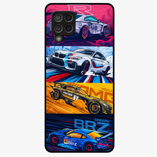 JDM Sports Car Glass Case showing flat back view with high performance sports car artwork and glossy glass finish.