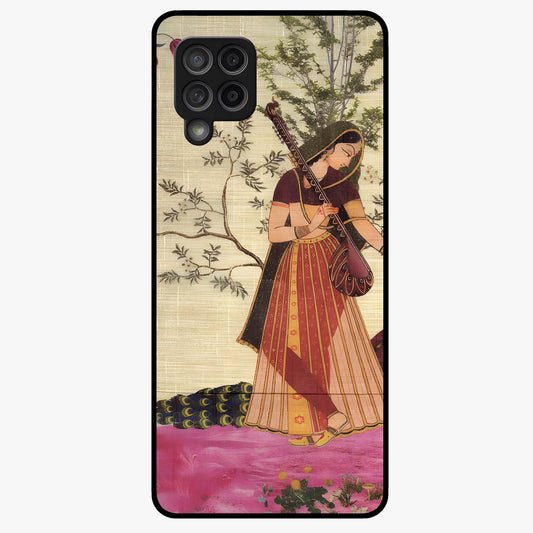 Lady With Veena Art Glass Case showing flat back view with elegant woman playing veena artwork and glossy glass finish.