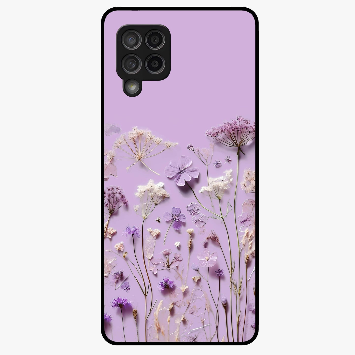 Lavender Blossom Dream Glass Case showing flat back view with soft lavender floral artwork and glossy glass finish.