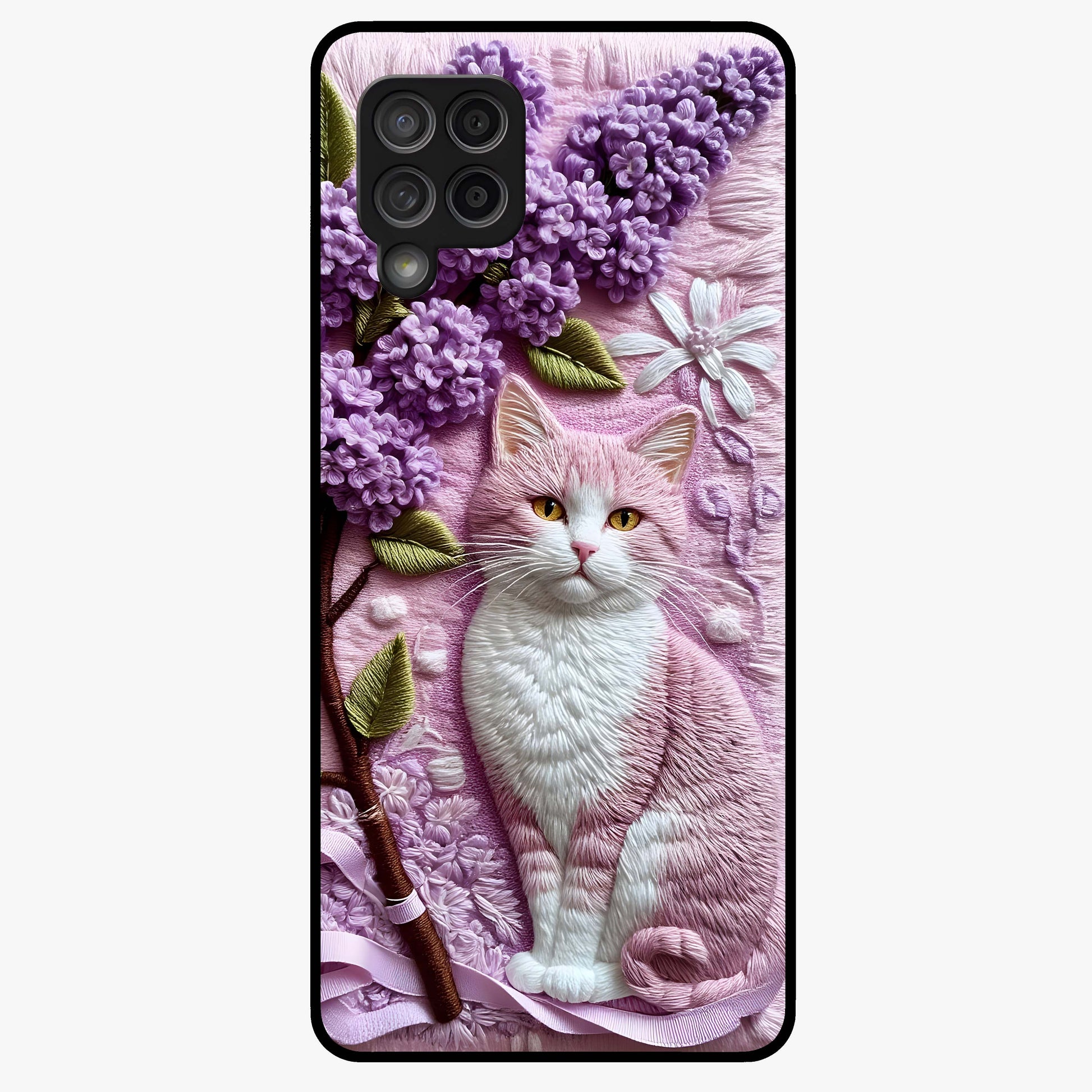 Lavender Cat Whimsy Glass Case showing flat back view with cute lavender cat artwork and glossy glass finish.