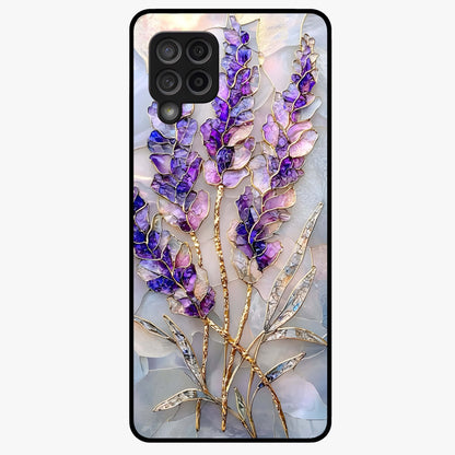 Lavender Dream Glow Glass Case showing flat back view with glowing lavender aesthetic artwork and glossy glass finish.