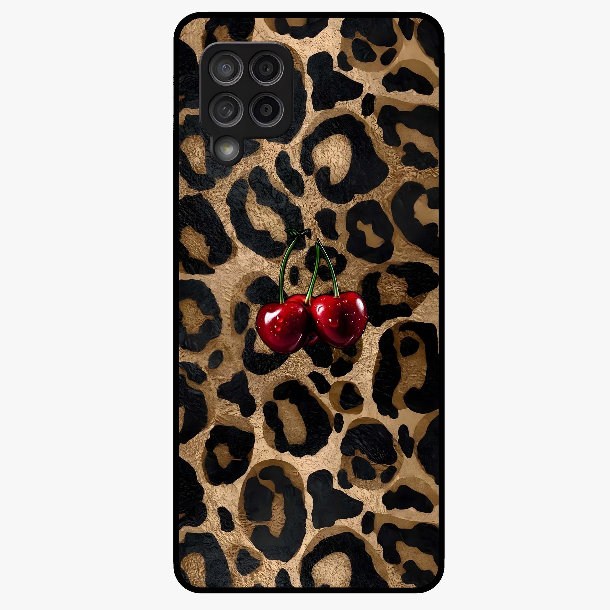 Leopard Wild Cherry Glass Case showing flat back view with leopard pattern and cherry artwork and glossy glass finish.