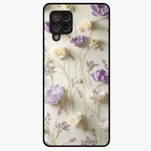 Lilac Breeze Harmony Glass Case showing flat back view with soft lilac themed artwork and glossy glass finish.