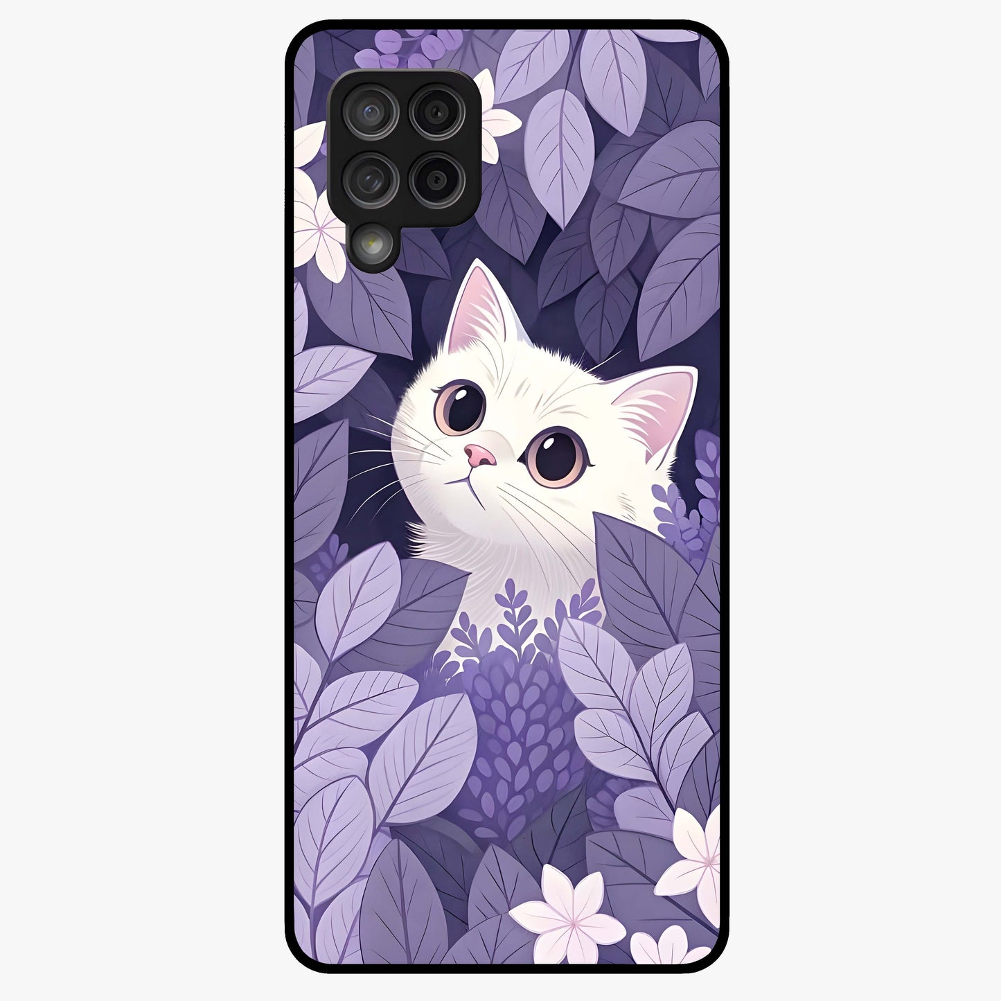 Lilac Hide Peek Cat Glass Case showing flat back view with cute peeking cat artwork and glossy glass finish.