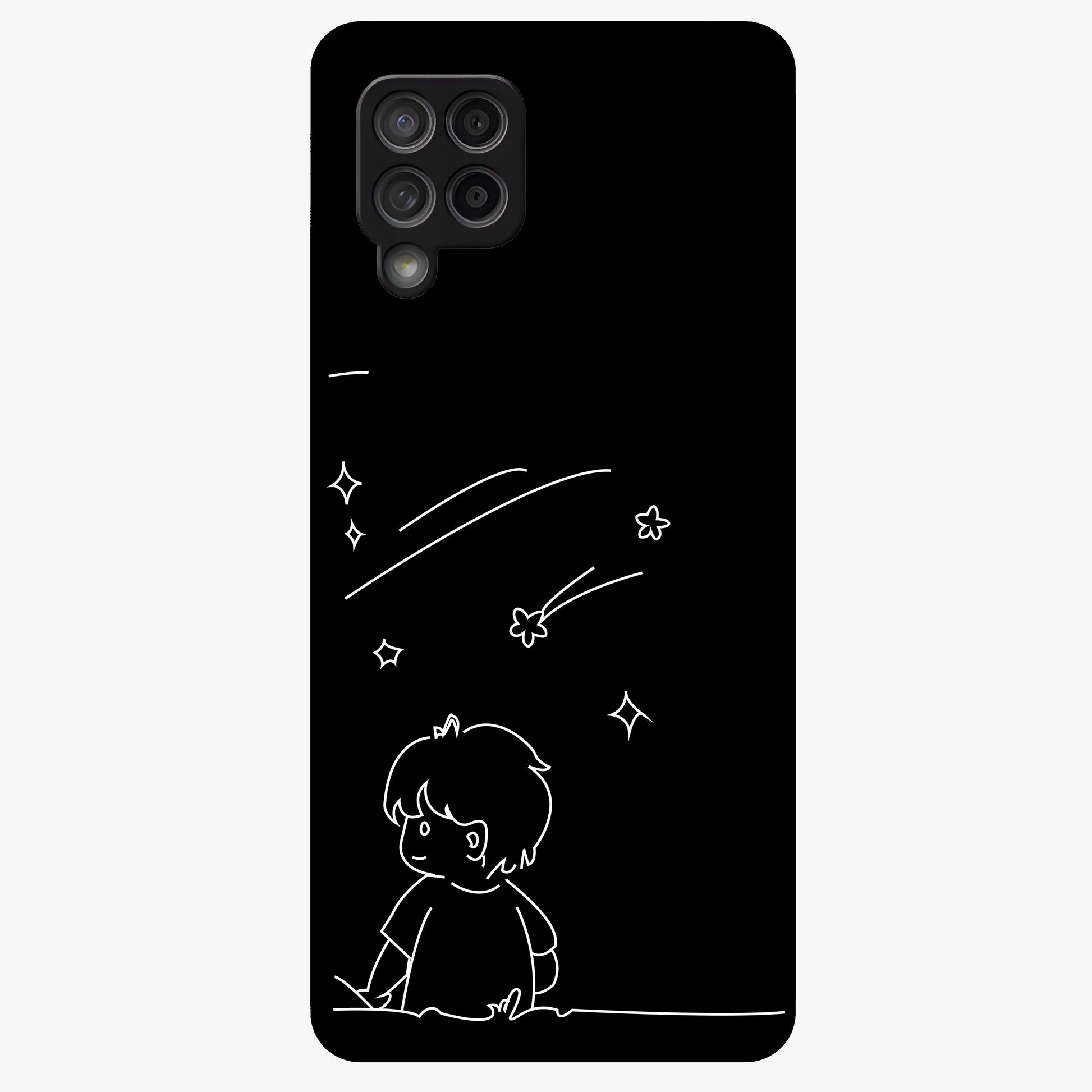 Line Art Boy With Shooting Stars Glass Case showing flat back view with minimal line art boy and shooting stars illustration and glossy glass finish.
