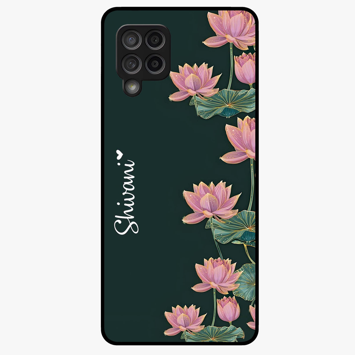 Lotus Bloom Serenity Custom Name Glass Case showing flat back view with elegant lotus flower artwork and personalized name design.
