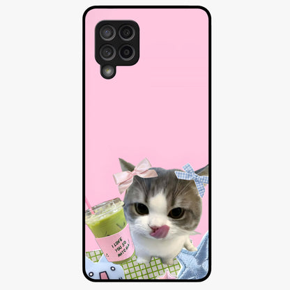 Love Matcha Cat Glass Case showing flat back view with cute cat and matcha themed artwork and glossy glass finish.