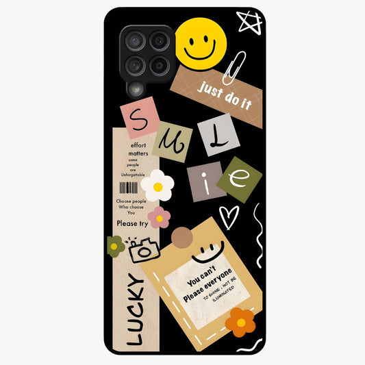 Lucky Aesthetic Collage Glass Case showing flat back view with trendy aesthetic collage artwork and glossy glass finish.