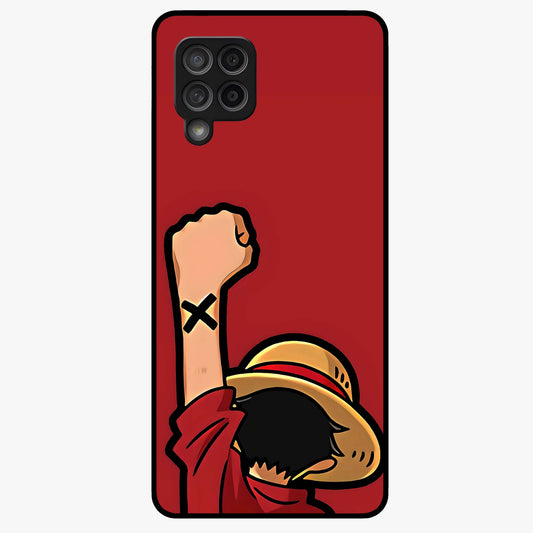 Luffy X Spirit Glass Case showing flat back view with bold anime character artwork and glossy glass finish.