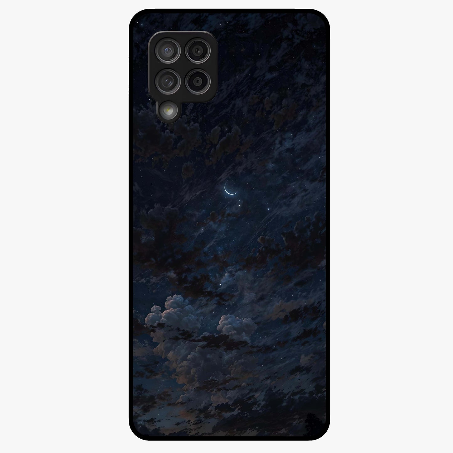 Lunar Veil Silence Glass Case showing flat back view with mystical moon veil artwork and glossy glass finish.