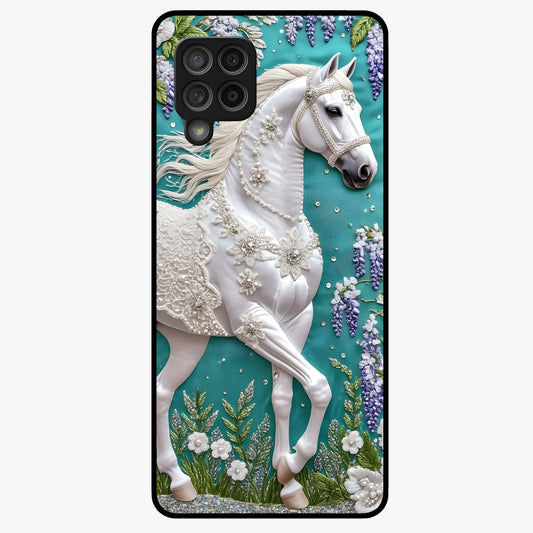 Majestic Floral Stallion Glass Case showing flat back view with powerful horse and floral artwork and glossy glass finish.