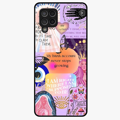 Manifestation Collage Glass Case showing flat back view with motivational collage artwork and glossy glass finish.