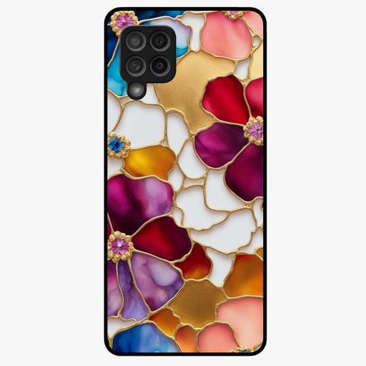 Marble Flower Pattern Glass Case showing flat back view with marble texture floral artwork and glossy glass finish.