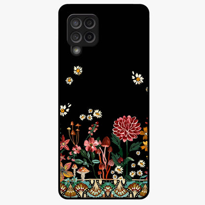 Midnight Bloom Pattern Glass Case showing flat back view with dark floral pattern artwork and glossy glass finish.