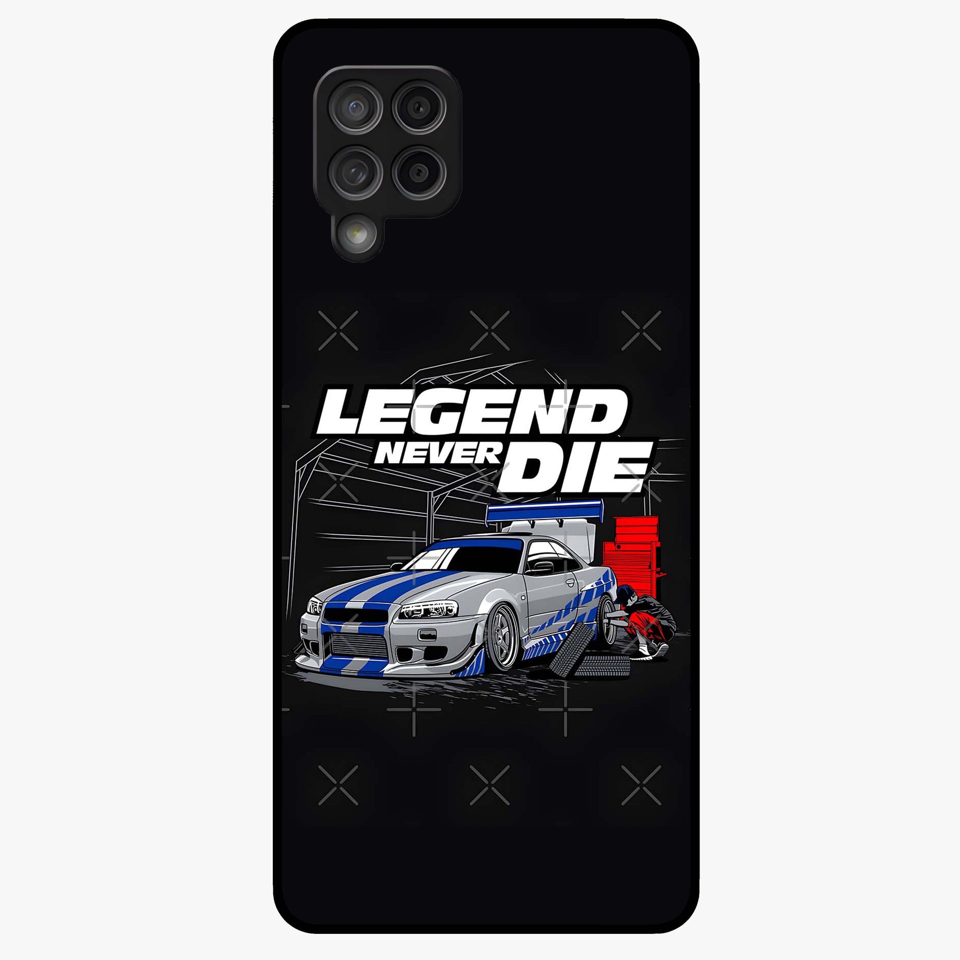 Midnight Racing Legacy Glass Case showing flat back view with sleek racing inspired artwork and glossy glass finish.