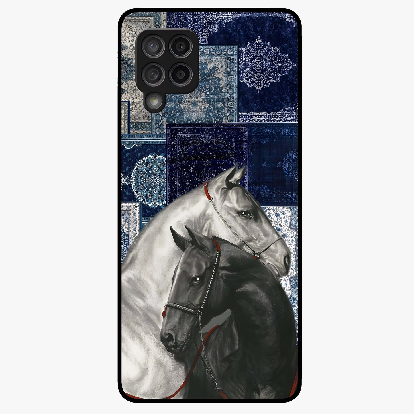 Midnight Stallion Blues Glass Case showing flat back view with majestic horse artwork and glossy glass finish.