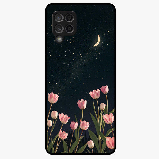 Midnight Tulip Whispers Vibe Glass Case showing flat back view with elegant tulip flower artwork and glossy glass finish.