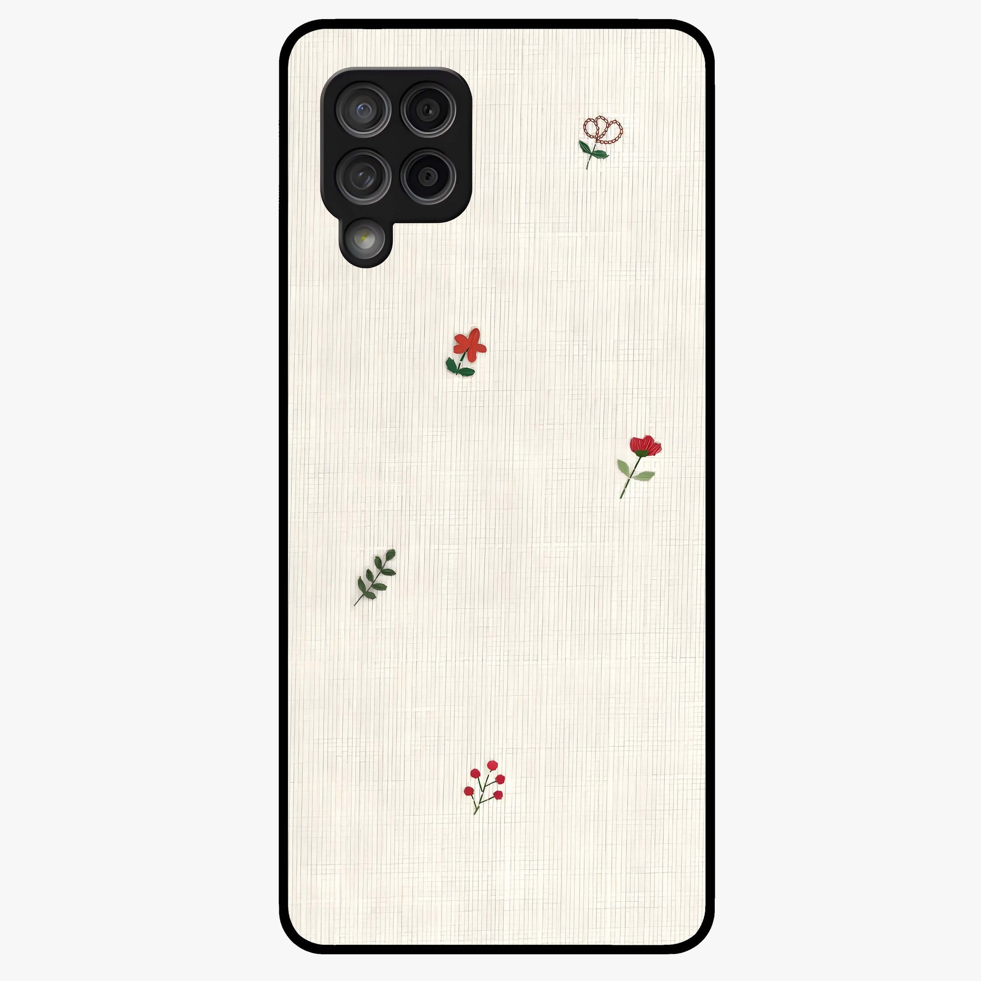 Minimal Petal Whispers Glass Case showing flat back view with soft minimal floral artwork and glossy glass finish.