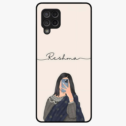 Mirror Mood Muse With Custom Name Glass Case showing flat back view with stylish mirrored artwork and personalized name design.