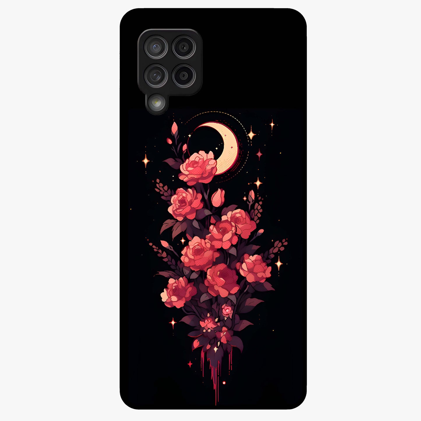 Moonlit Floral Elegance Glass Case showing flat back view with elegant floral artwork under moonlit tones and glossy glass finish.