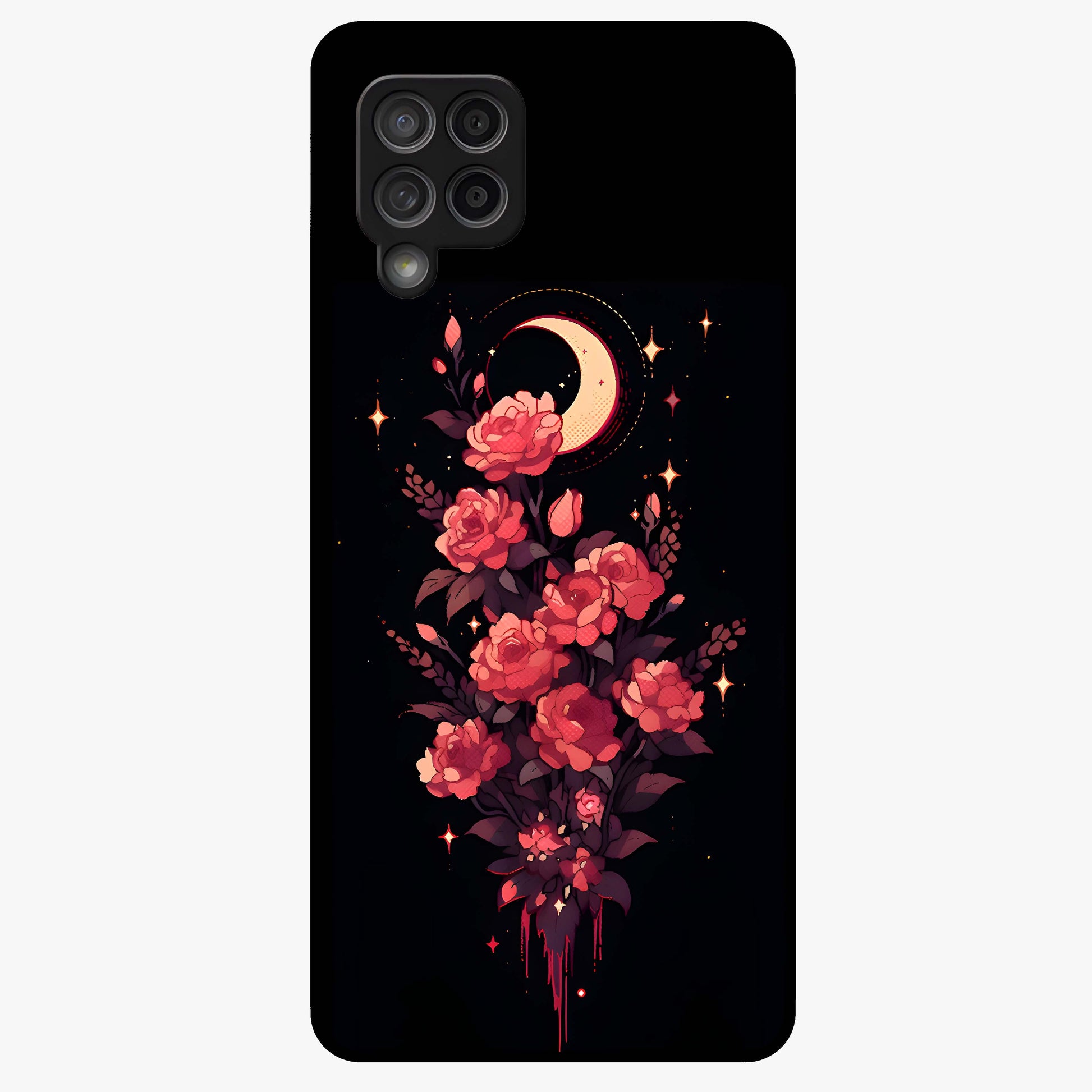 Moonlit Floral Elegance Glass Case showing flat back view with elegant floral artwork under moonlit tones and glossy glass finish.