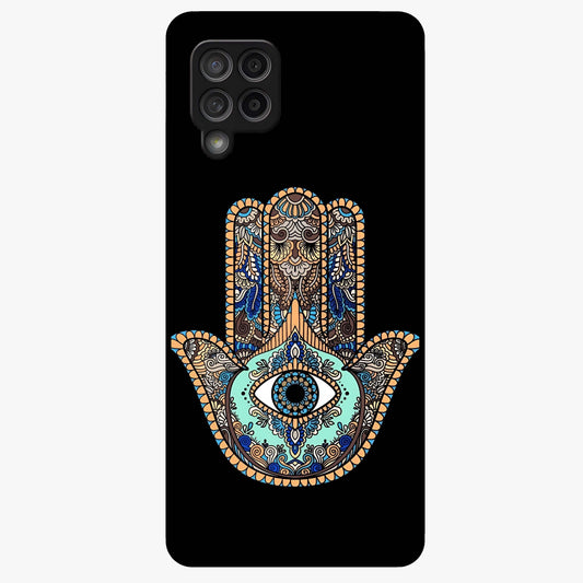 Mystic Hamsa Eye Glass Case showing flat back view with protective hamsa hand and evil eye artwork and glossy glass finish.