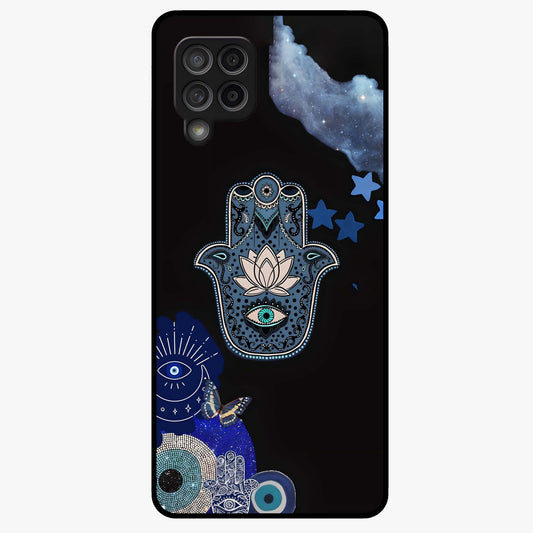 Mystic Hand Aura Glass Case showing flat back view with mystical hand symbol artwork and glossy glass finish.
