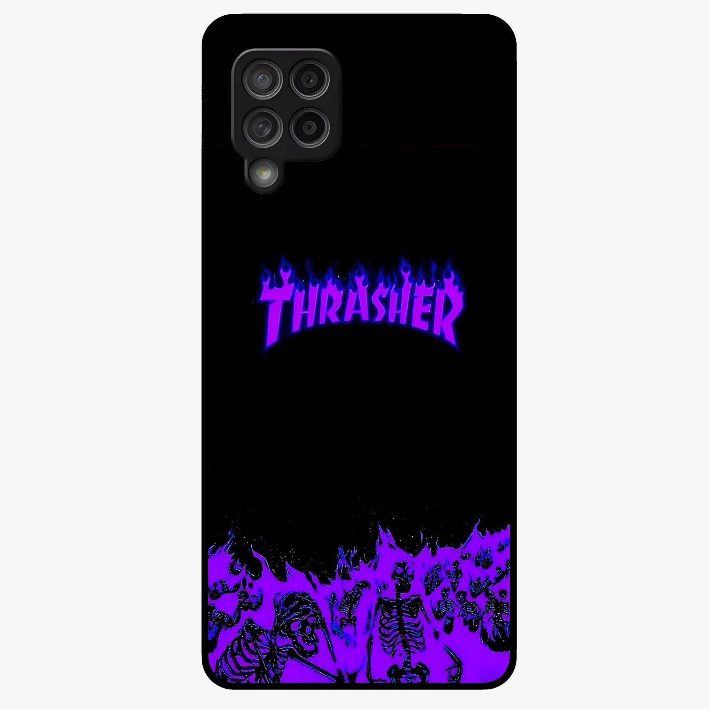Neon Flame Riot Glass Case showing flat back view with neon flame artwork and glossy glass finish.