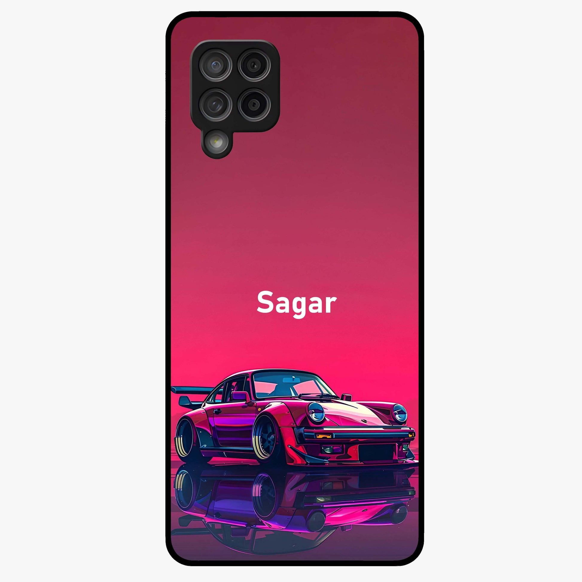 Neon Pink Porsche Glass Case showing flat back view with stylish sports car artwork and glossy glass finish.