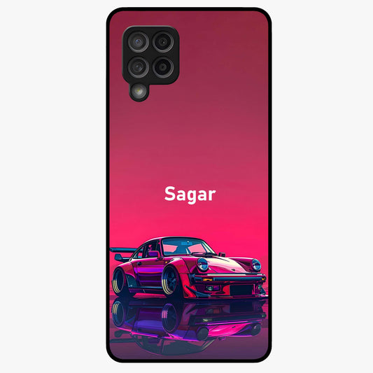 Neon Pink Porsche Glass Case showing flat back view with stylish sports car artwork and glossy glass finish.