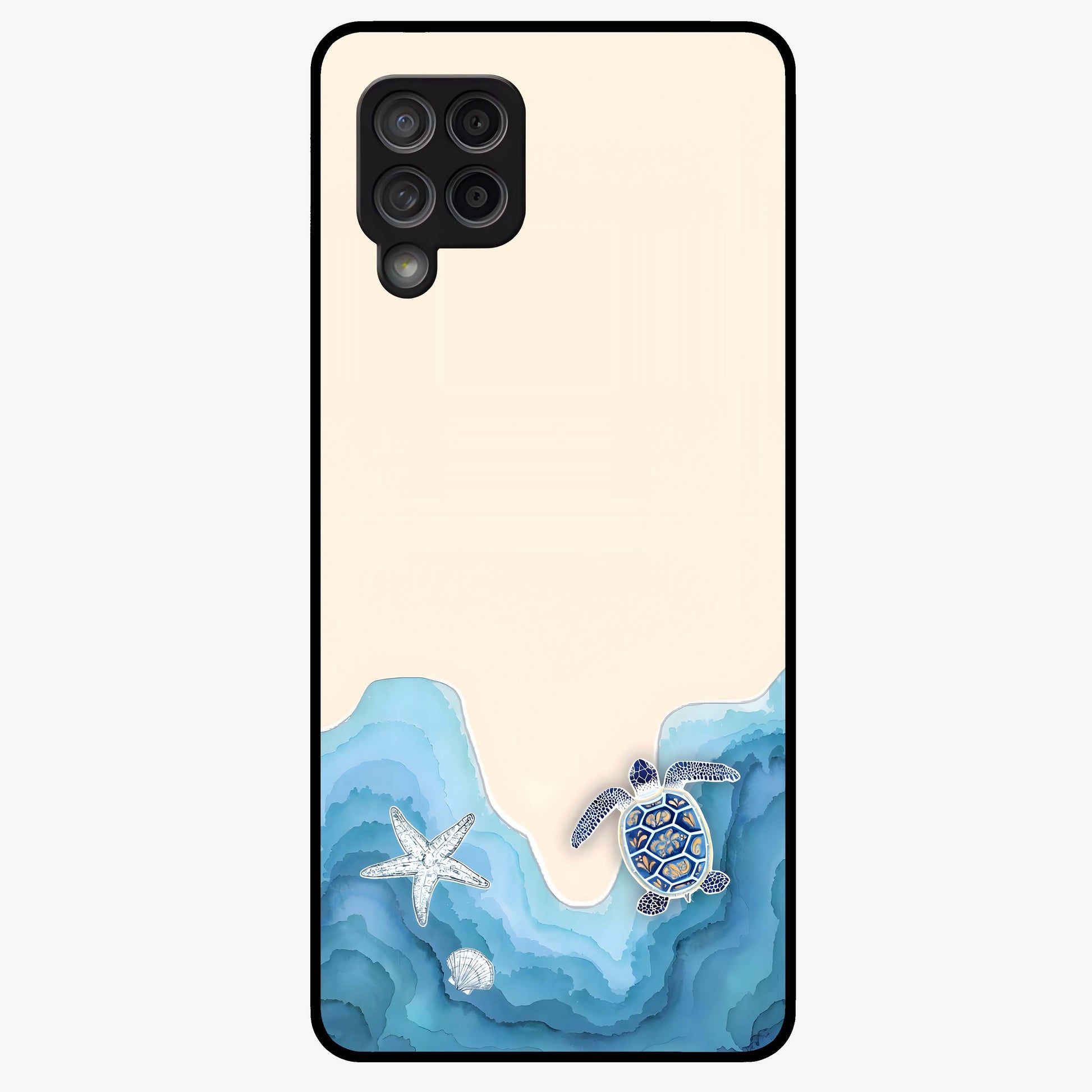 Ocean Drift Turtle Glass Case showing flat back view with sea turtle artwork and glossy glass finish.