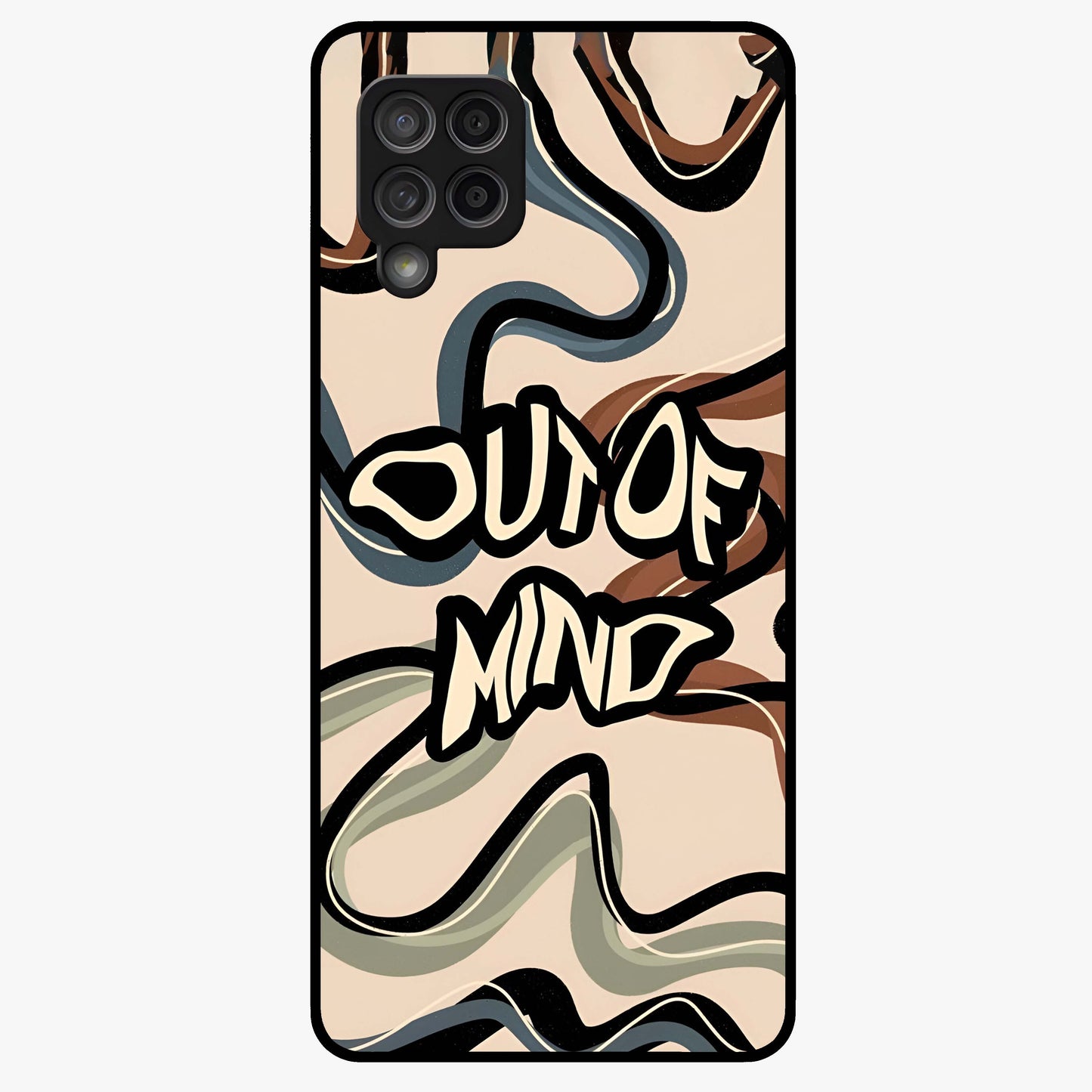 Out Of Mind Glass Case showing flat back view with expressive typography artwork and glossy glass finish.