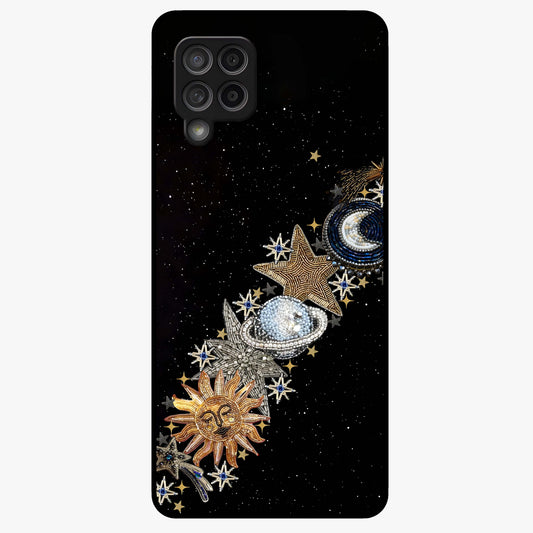 Pearls Universe Object Glass Case showing flat back view with pearl inspired cosmic artwork and glossy glass finish.
