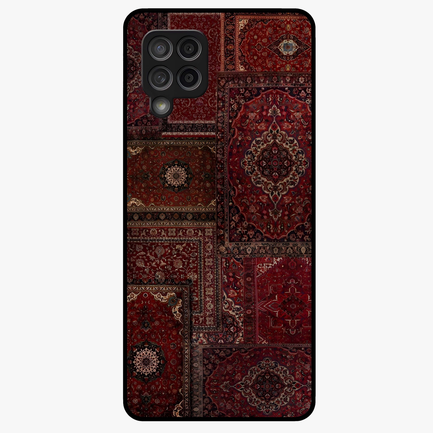 Persian Velvet Tale Glass Case showing flat back view with luxurious Persian velvet pattern artwork and glossy glass finish.