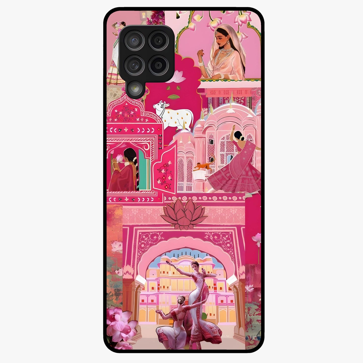 Pink Palace Muse Glass Case showing flat back view with elegant palace inspired artwork and glossy glass finish.