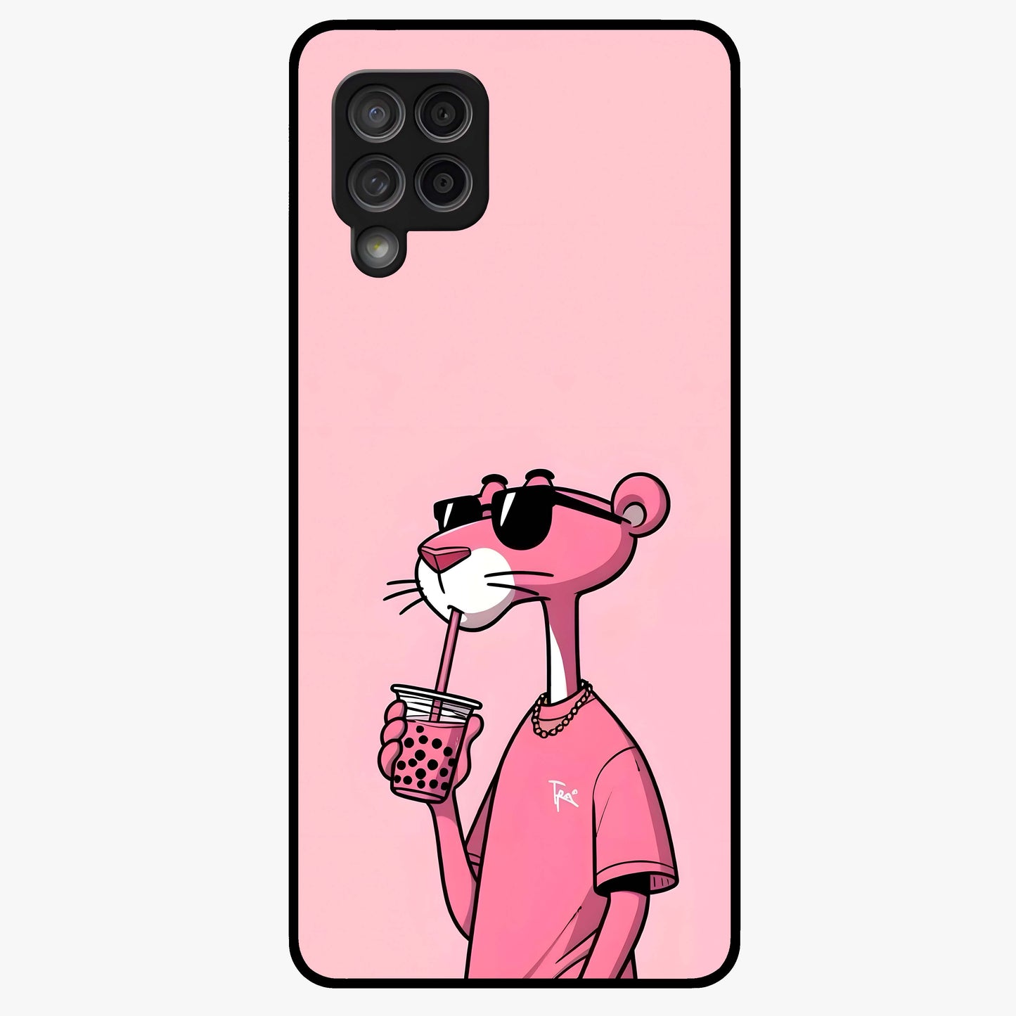 Pink Panther Glass Case showing flat back view with iconic pink panther artwork and glossy glass finish.