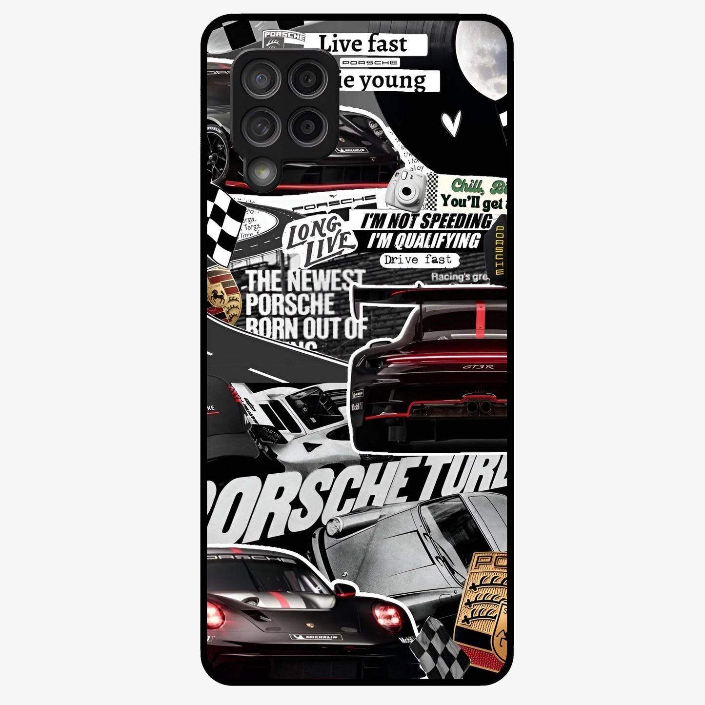 Porsche Racing Collage Glass Case showing flat back view with sports car racing collage artwork and glossy glass finish.